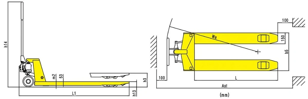 Rozměrový výkres ručního paletového vozíku RPV2000E 2000 kg